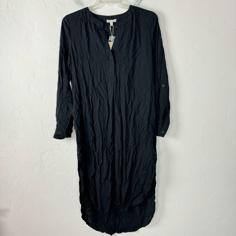Alex‎ & Lili T Shirt Dress Maxi Solid Black Knit Long Sleeve Button Down Rayon